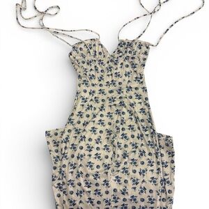 Floral Spaghetti Strap Midi Dress - Cream with Navy Floral